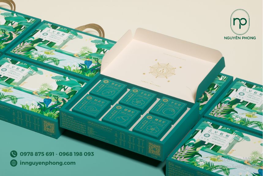 in hộp bánh đậu xanh với màu xanh ngọc tinh tế